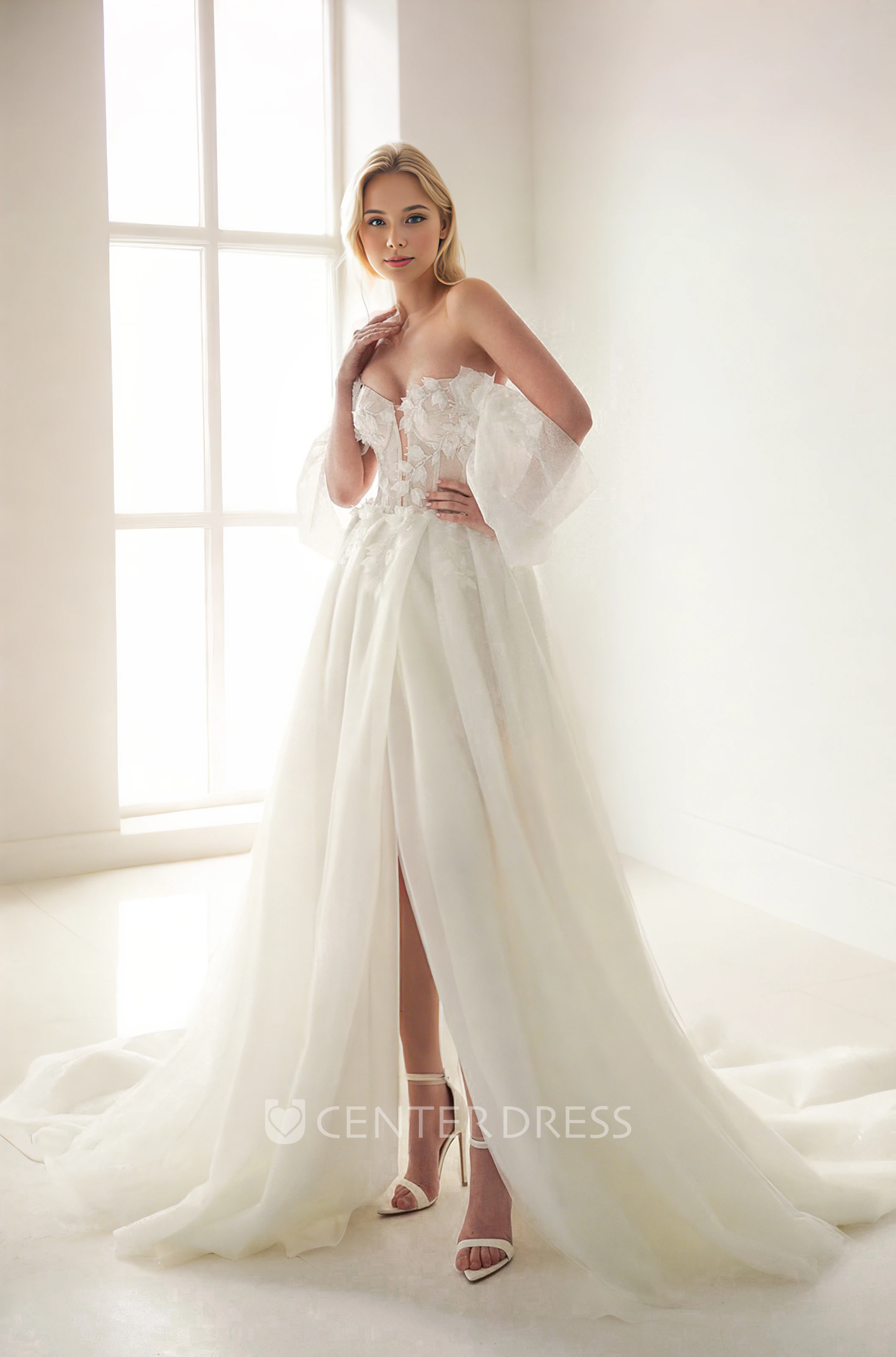 Ethereal Romantic Off-the-shoulder Strapless A-Line Floral Wedding Dress Sexy Elegant Sleeveless Floor-length Split Front Open Back Bridal Gown with Train
