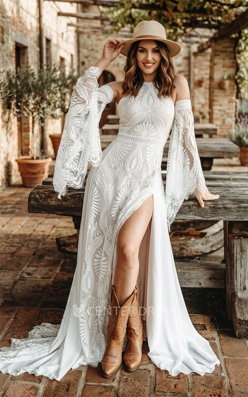 Beach Bohemian Spaghetti Vintage Jewel Neck Lace Split Front Backless Spring Wedding Dress