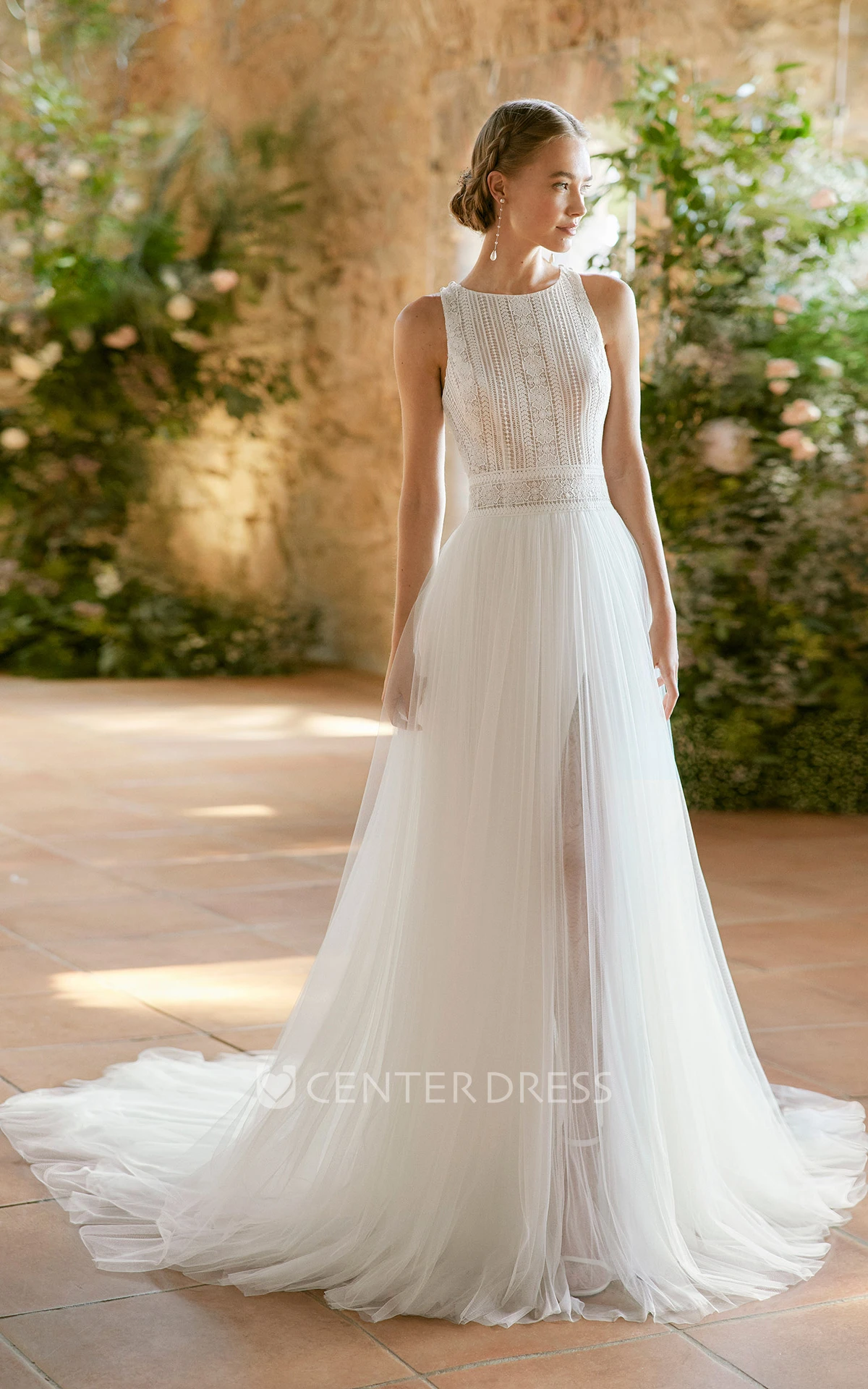 Bohemian Chiffon Bateau Wedding Dress with Court Train and Cross Back Flowy Bridal Gown