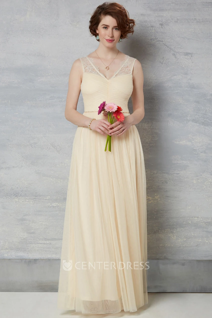 V-Neck Sleeveless Floor-Length Ruched Chiffon Wedding Dress With Lace And Pleats