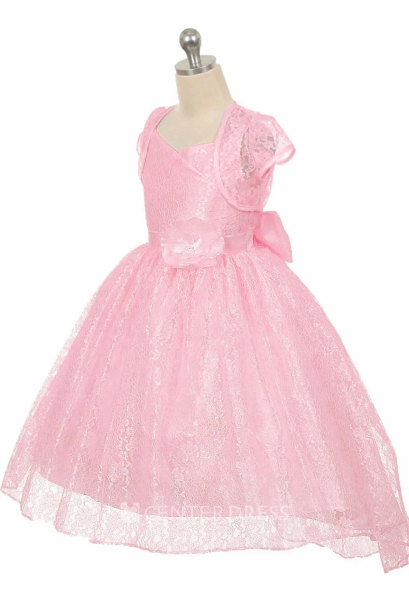 High-Low Floral Criss-Cross Lace Flower Girl Dress With Sash