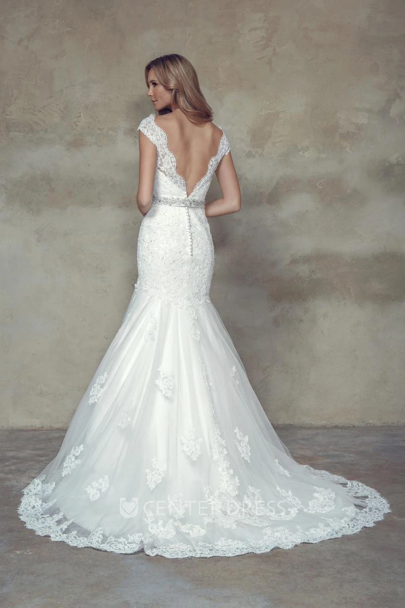 Mermaid Cap-Sleeve Jeweled V-Neck Lace Wedding Dress