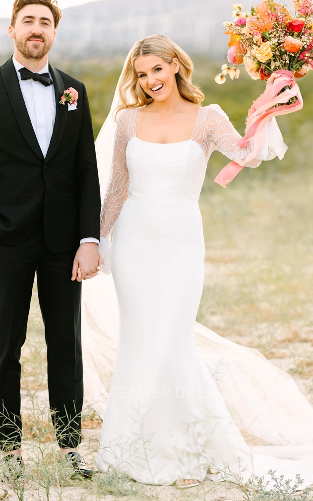 Mermaid Satin Square Casual Wedding Dress With Long Sleeve And Court Train