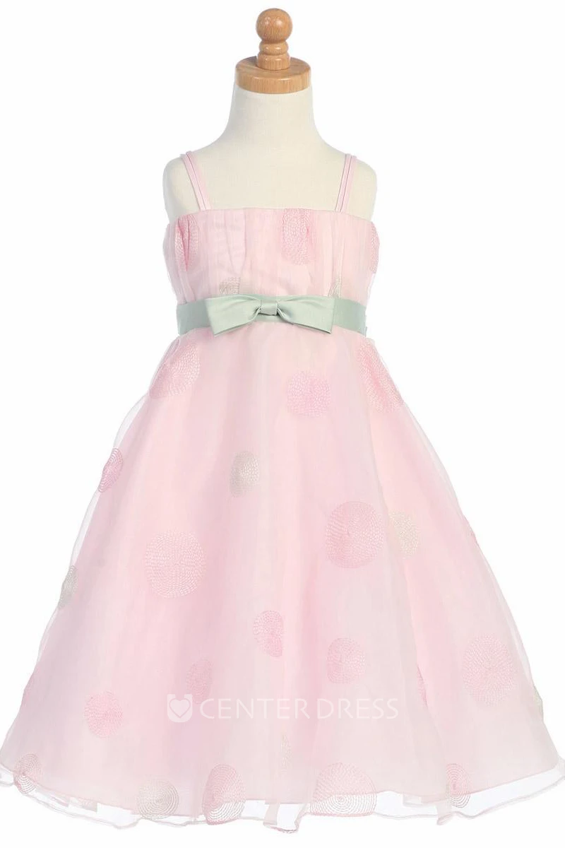 Ruffled Tea-Length Bowed Organza Flower Girl Dress With Embroidery