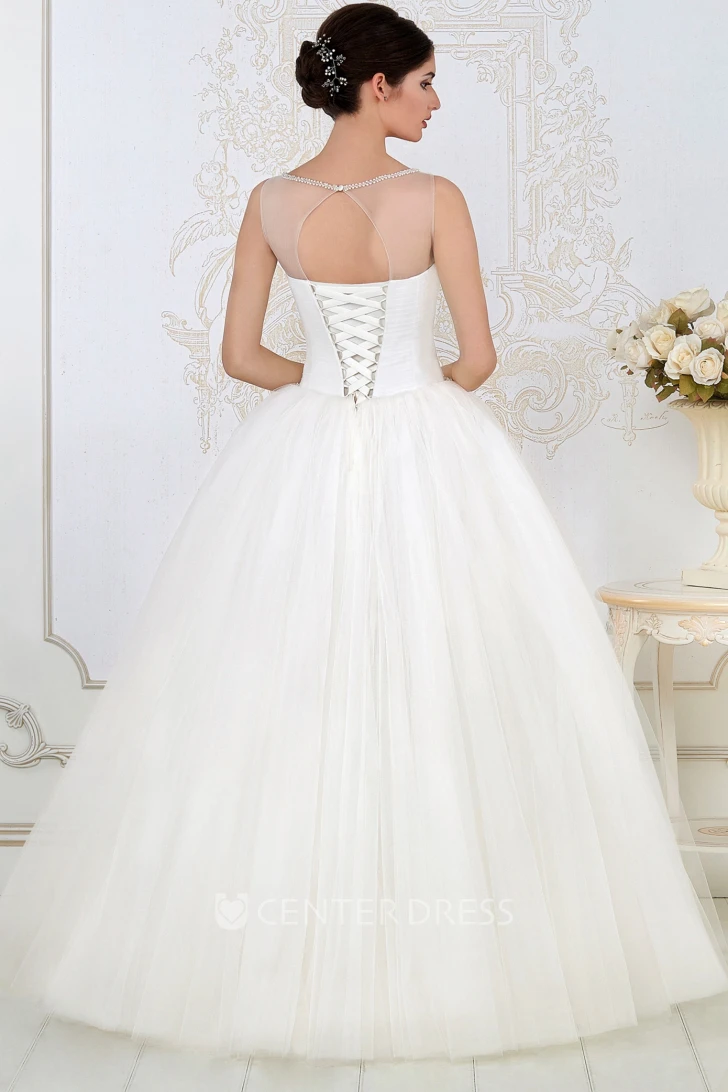 Ball Gown Floor-Length Beaded Sleeveless Scoop-Neck Tulle Wedding Dress With Criss Cross
