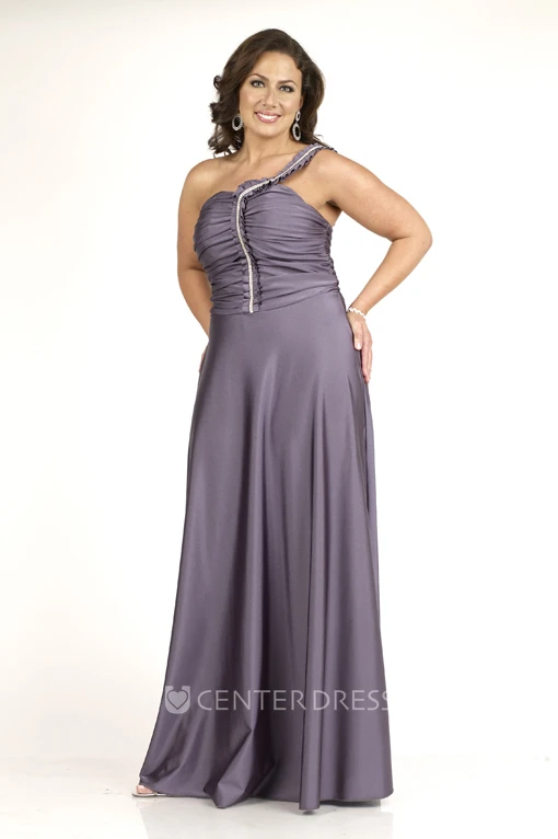 Floor-length One-shoulder Sleeveless Jersey Ruching Sweep Train Zipper Dress