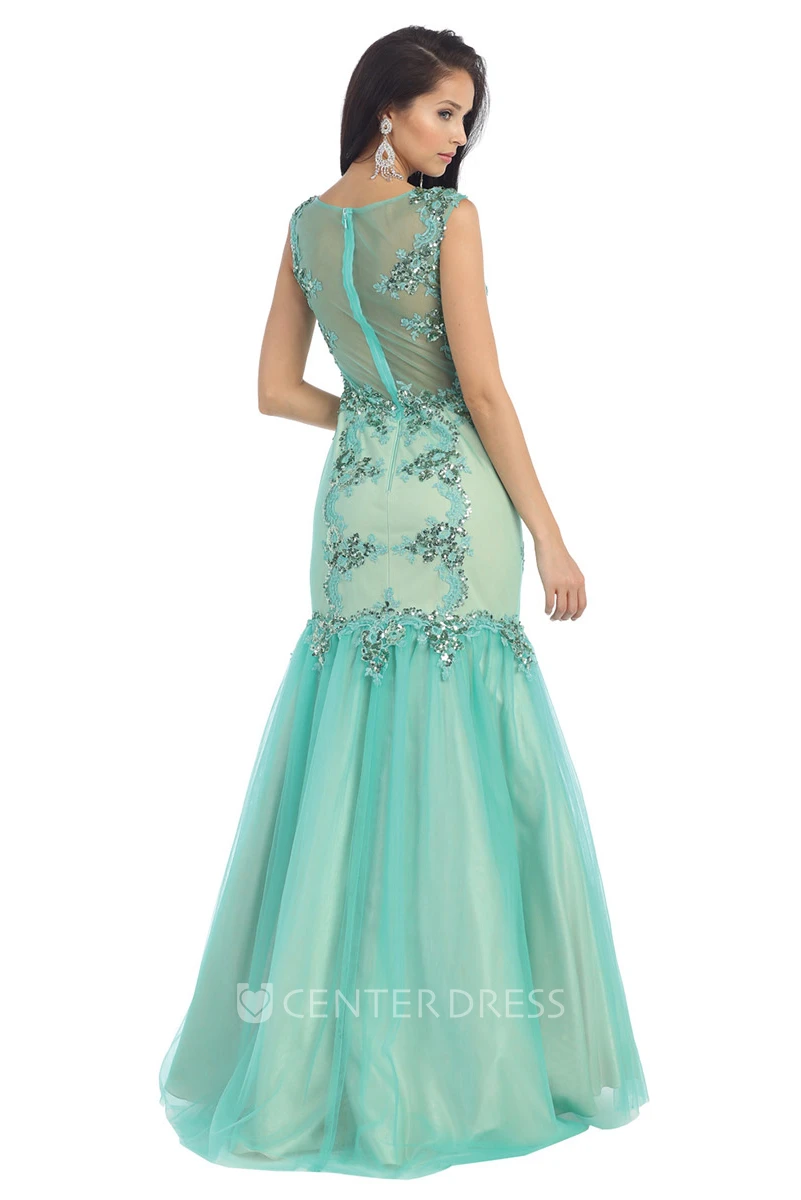 Mermaid Floor-Length Bateau Illusion Dress With Appliques And Sequins