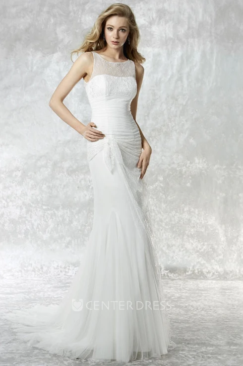 Sheath Scoop Long Lace Sleeveless Tulle Wedding Dress With Illusion Back And Side Draping