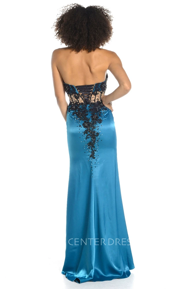 Sheath Split-Front Sleeveless Long Sweetheart Satin Prom Dress With Corset Back And Appliques