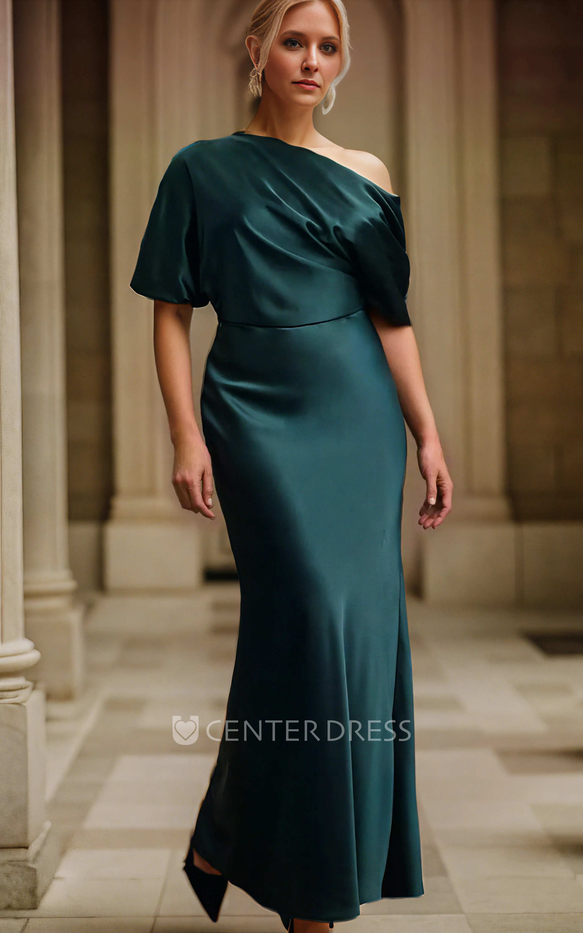 Casual Short Sleeves Off-Shoulder Satin Mother Of Bridals Dress