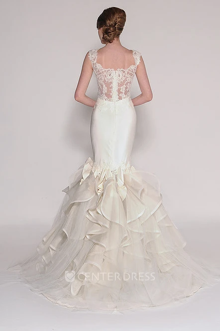 Trumpet Appliqued Sleeveless Long Satin Wedding Dress With Draping