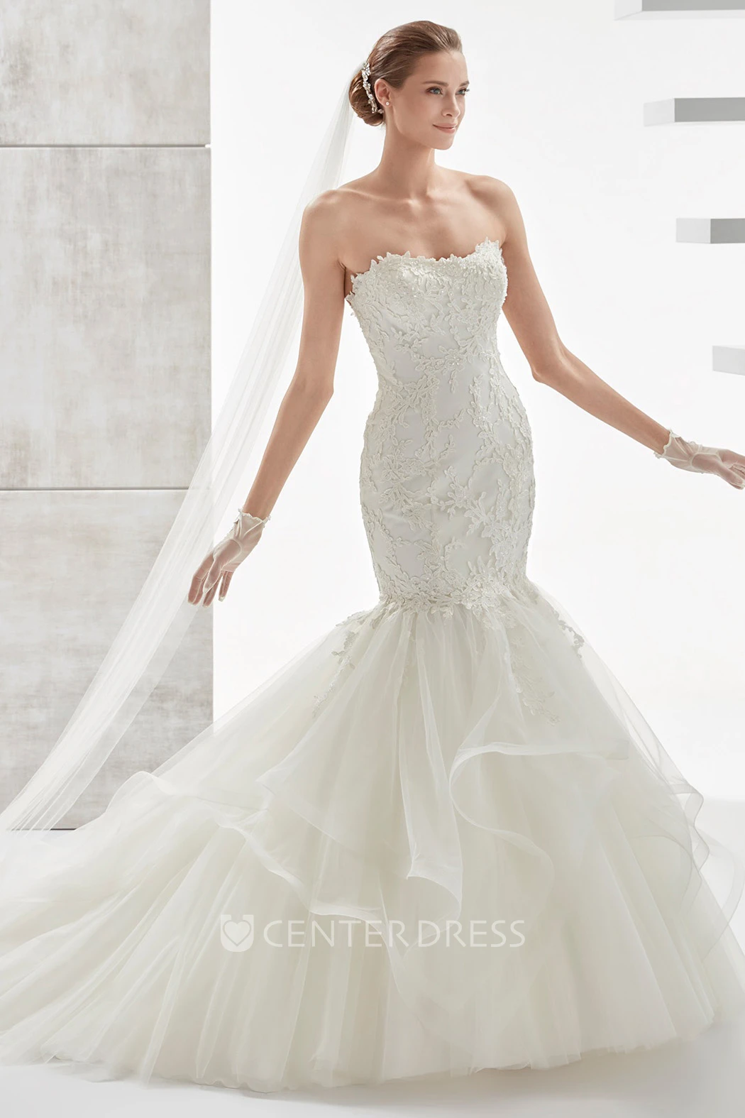 Strapless Mermaid Lace Wedding Dress with Ruffled Train and Appliques