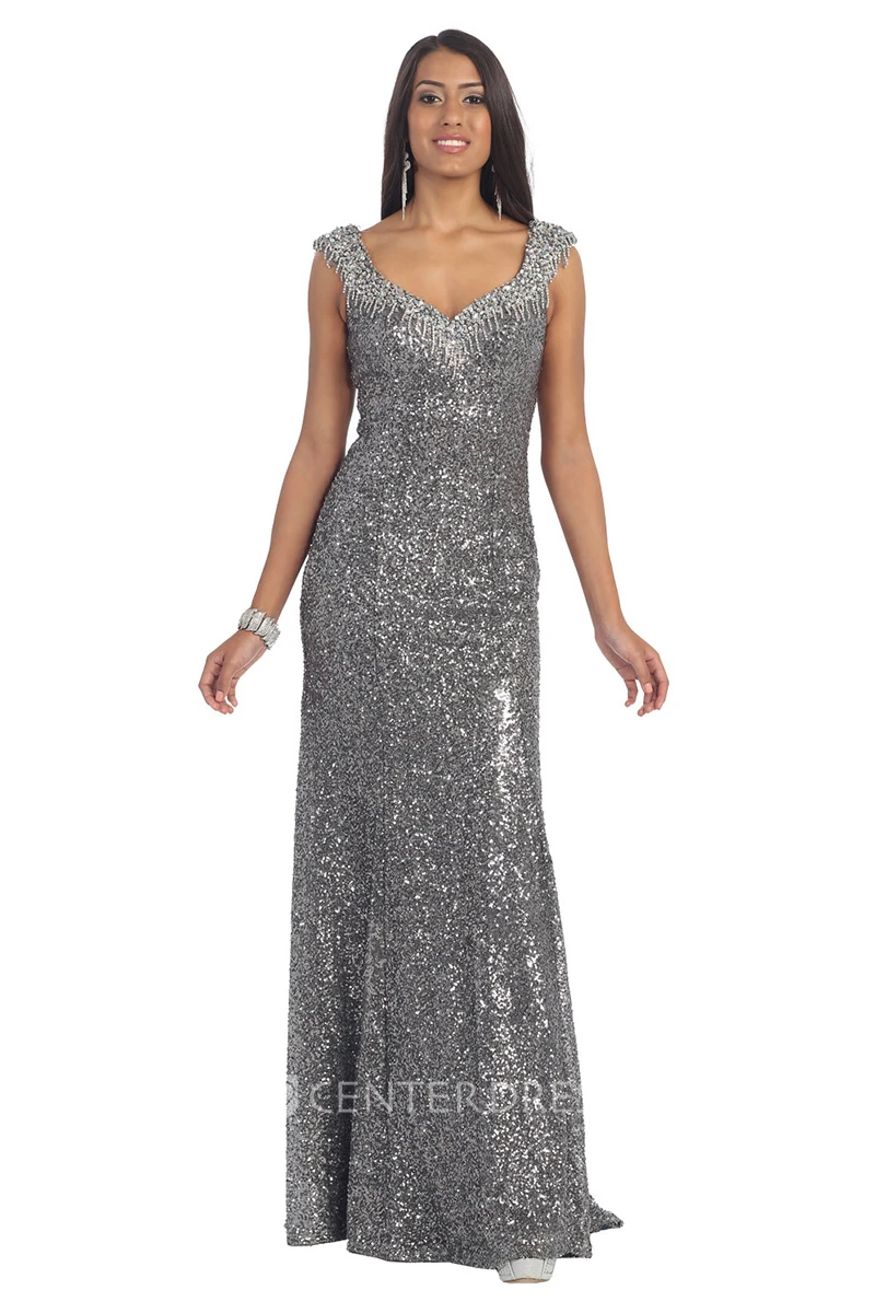Sheath V-Neck Sleeveless Sequins Dress With Pleats