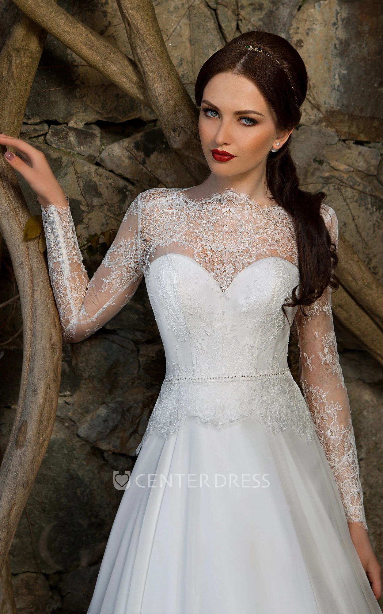 A-Line Long High-Neck Illusion-Sleeve Zipper Chiffon Dress With Lace Appliques And Pleatings