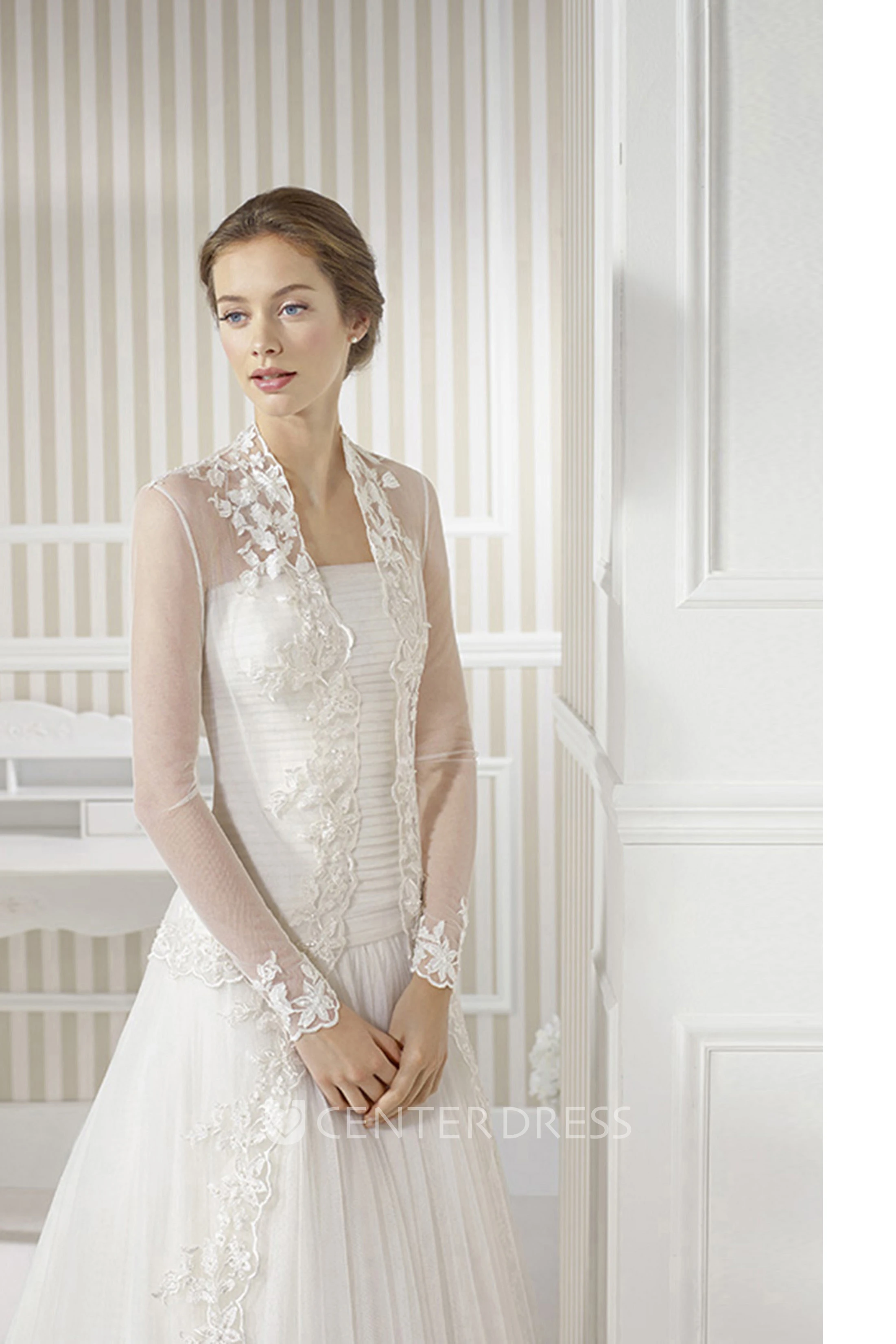 Long Long-Sleeve Appliqued Tulle Wedding Dress With Sweep Train And Illusion