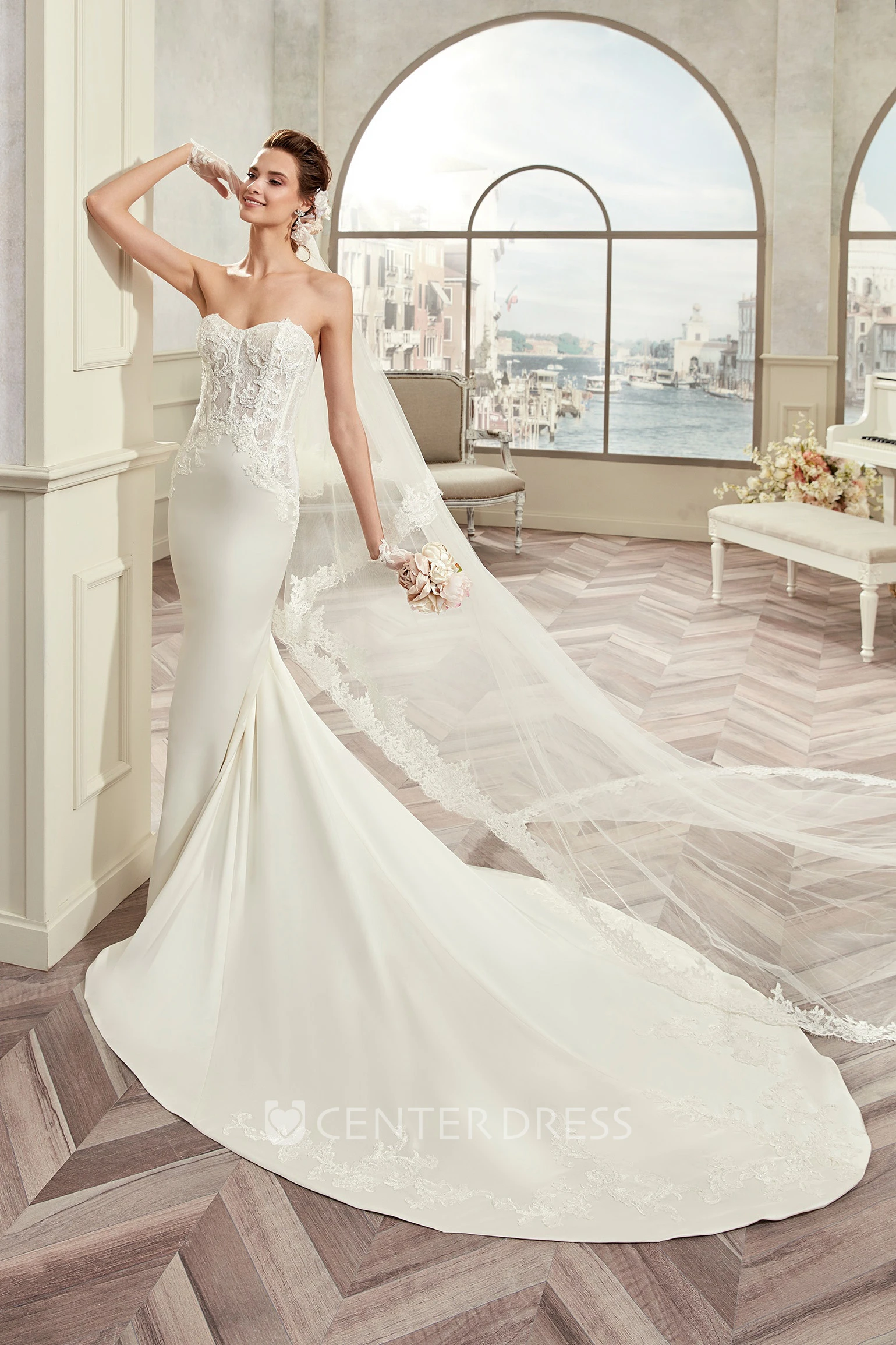 Strapless Sheath Bridal Gown With Lace Corset And Court Train