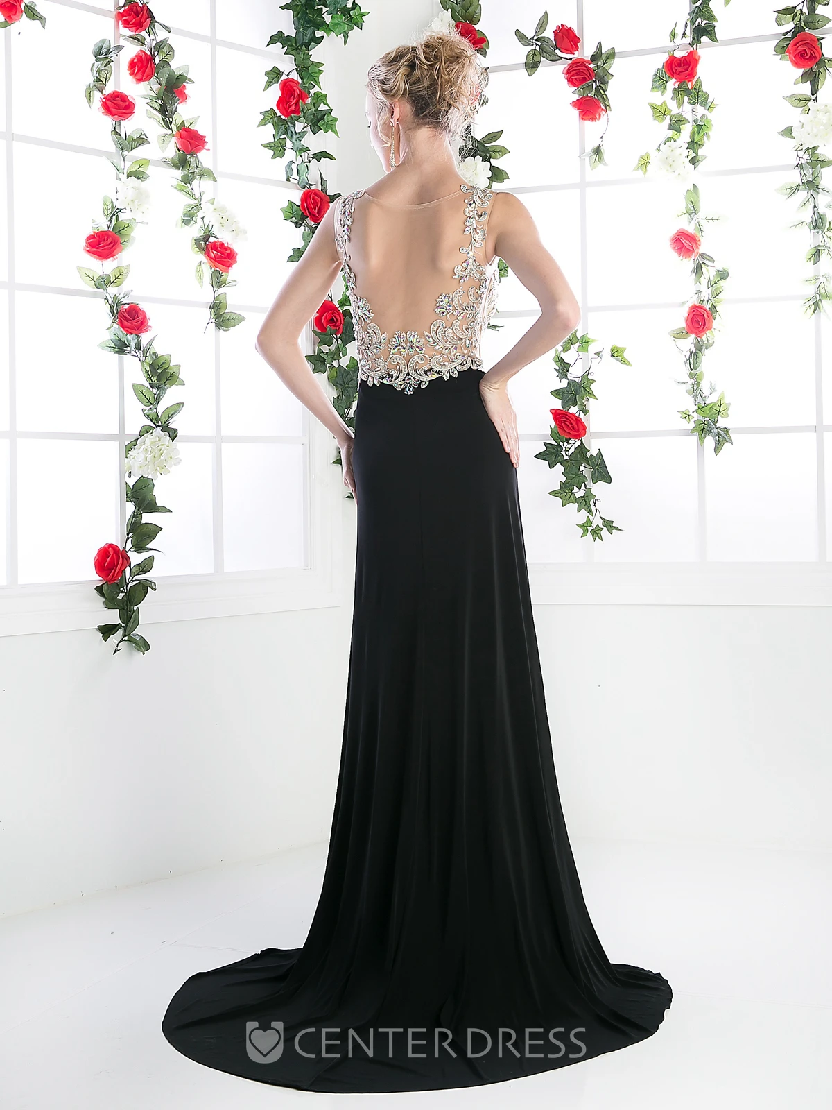A-Line Long Scoop-Neck Sleeveless Jersey Court Train Illusion Dress With Beading