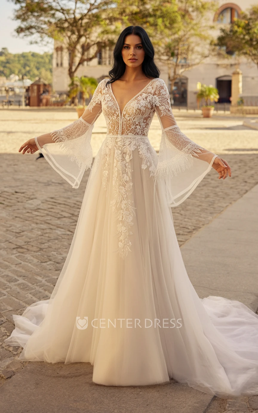 Ethereal A-Line V-Neck Wedding Dress with Lace Appliques and Bell Sleeves Backless Tulle Bridal Gown for Garden Ceremony
