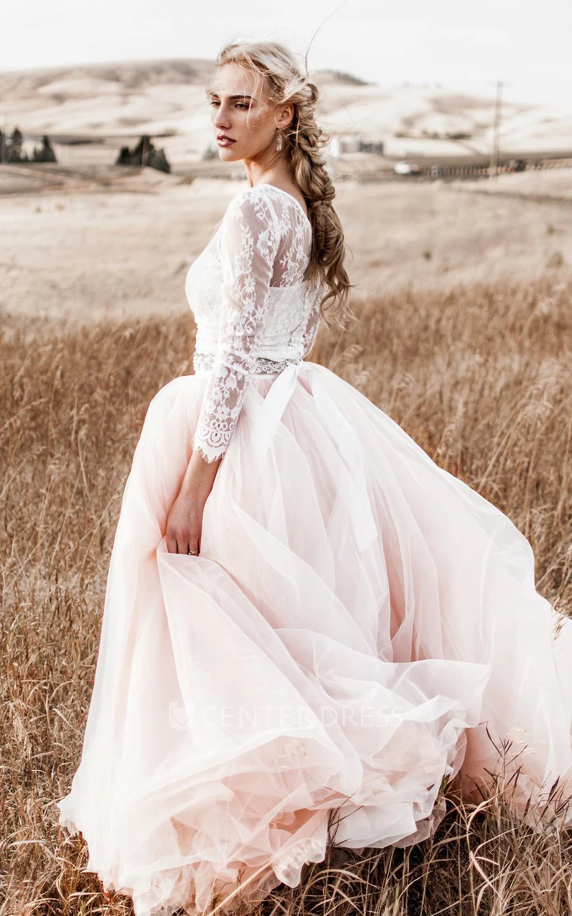 Ball Gown 3/4 Length Sleeve Lace Tulle Romantic Button Illusion Wedding Dress with Sash