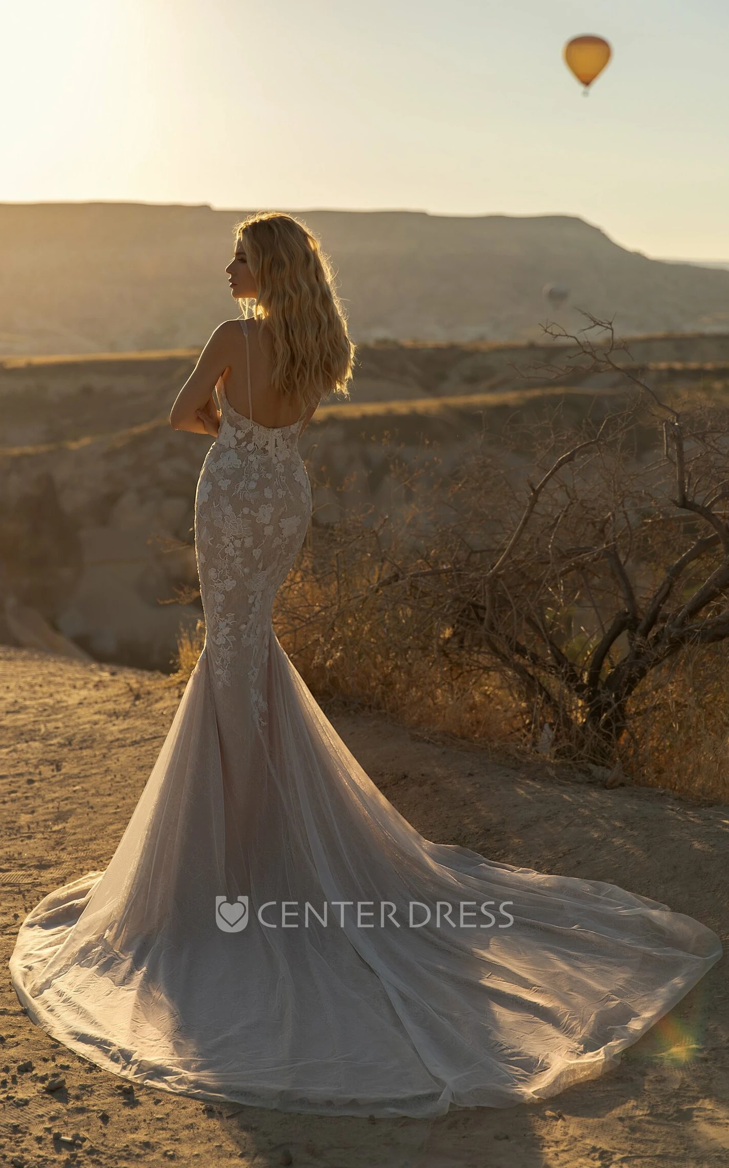 Elegant Spaghetti Mermaid V-neck Lace Wedding Dress with Zipper Open Back