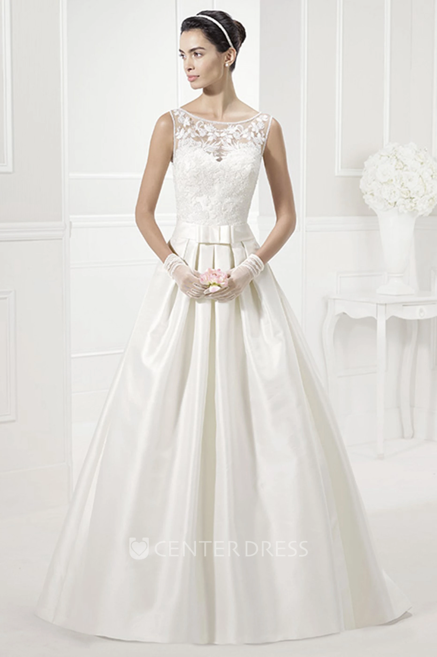 Jewel Neck Sleeveless Taffeta Bridal Gown With Lace Top And Bows