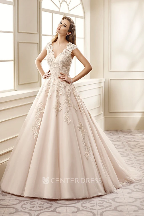 A-Line Appliqued V-Neck Cap-Sleeve Floor-Length Lace Wedding Dress With Pleats