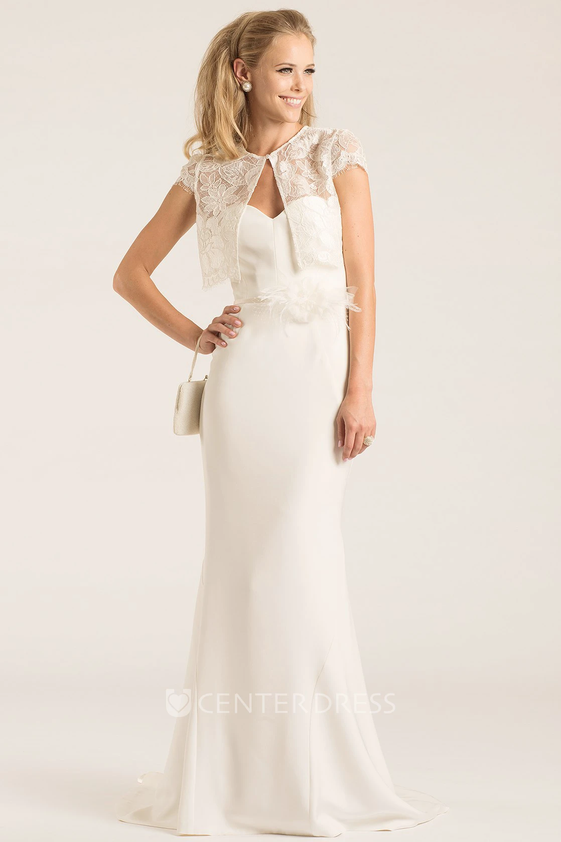 Scoop Maxi Short-Sleeve Lace Chiffon Wedding Dress With Sweep Train