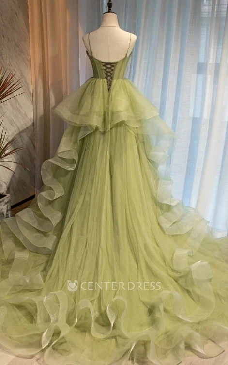 Ethereal Tulle Ball Gown Court Train Sleeveless Spaghetti Formal Dress with Peplum