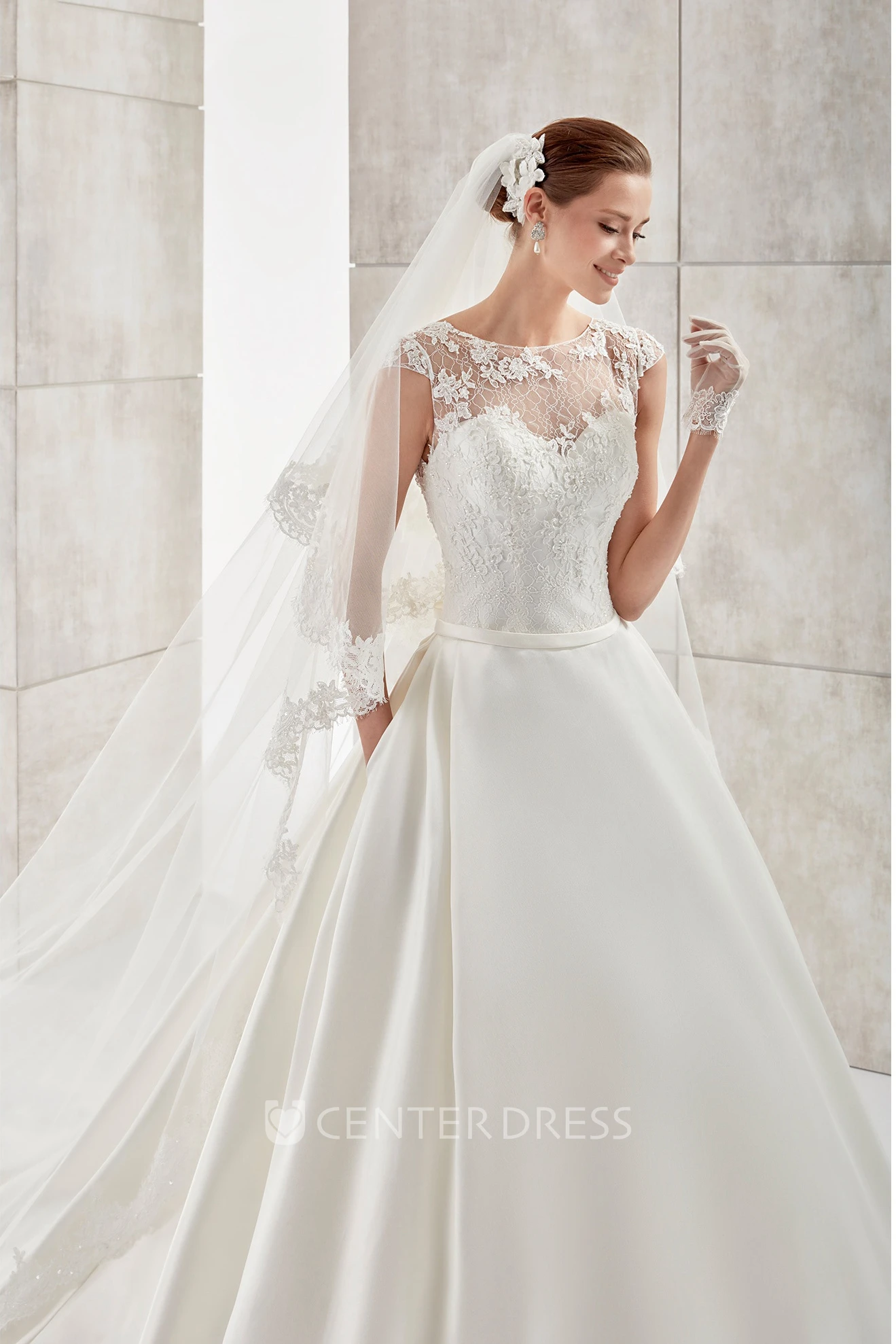 Jewel-Neck Cap-Sleeve A-Line Satin Wedding Dress With Lace Bodice And  Illusive Design