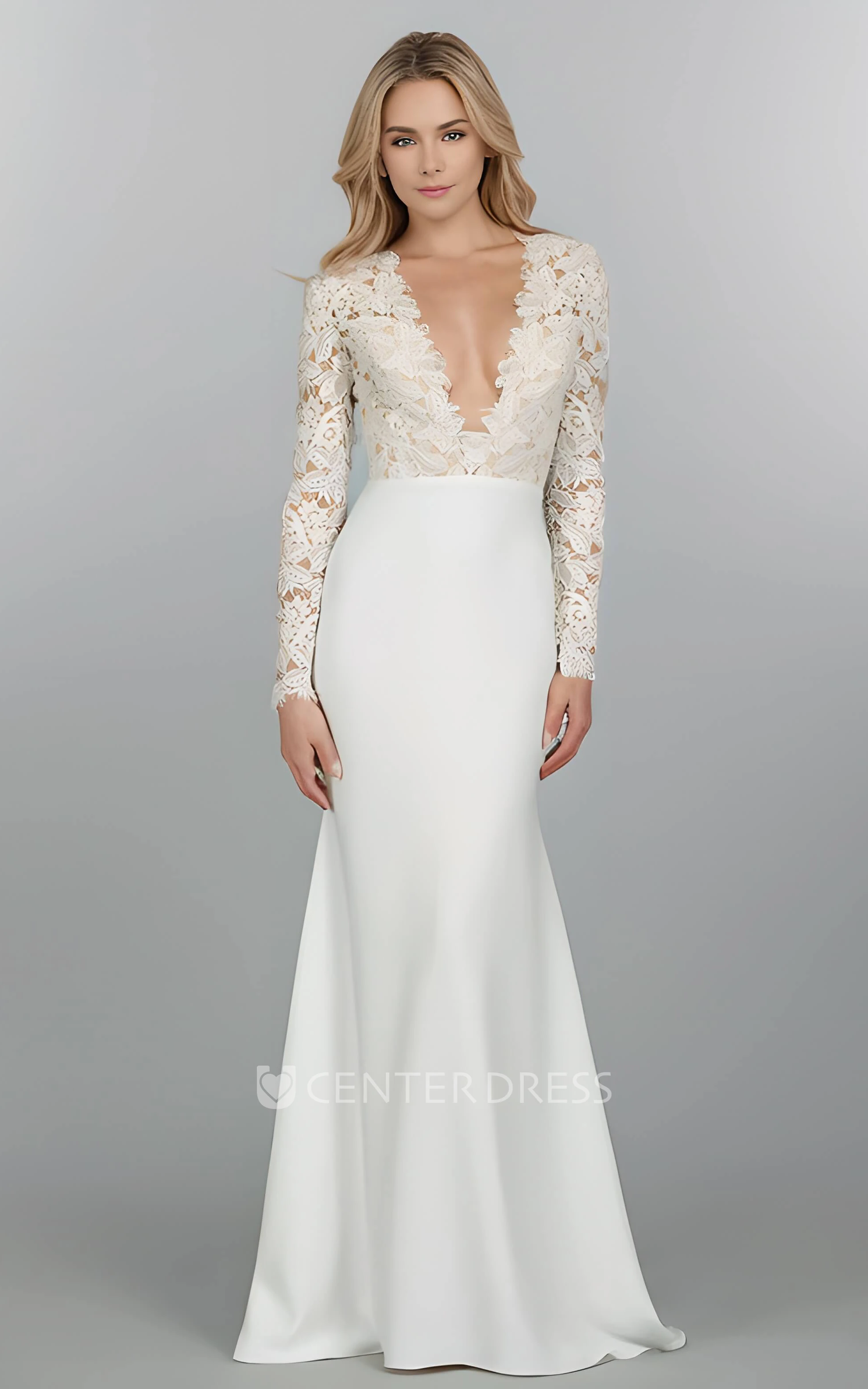 Sexy Plunging V Neck Mermaid Lace Long Sleeve Vintage Wedding Dress for Women