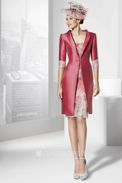 Half-Sleeve Appliqued Knee-Length Satin Prom Dress With Jacket