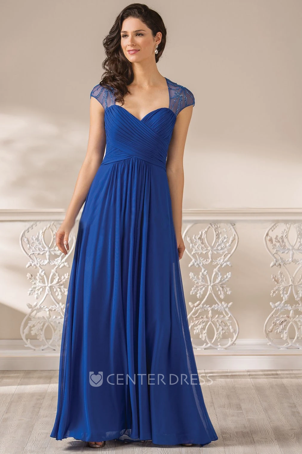 Cap-Sleeved A-Line Mother Of The Bride Dress With Illusion Beaded Back