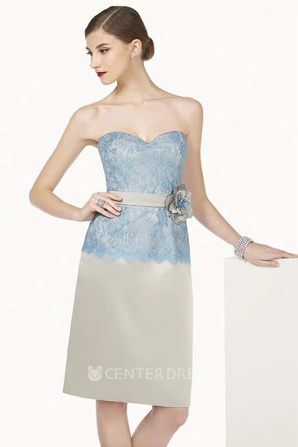 Lace Top Knee Length Satin Prom Dress With Floral Sash And Removable Jacket