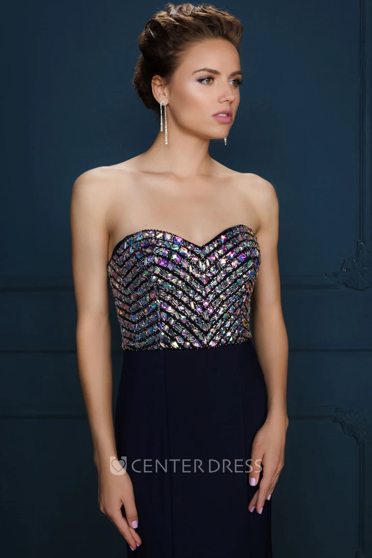 Sheath Sleeveless Sweetheart Crystal Chiffon Evening Dress With Brush Train
