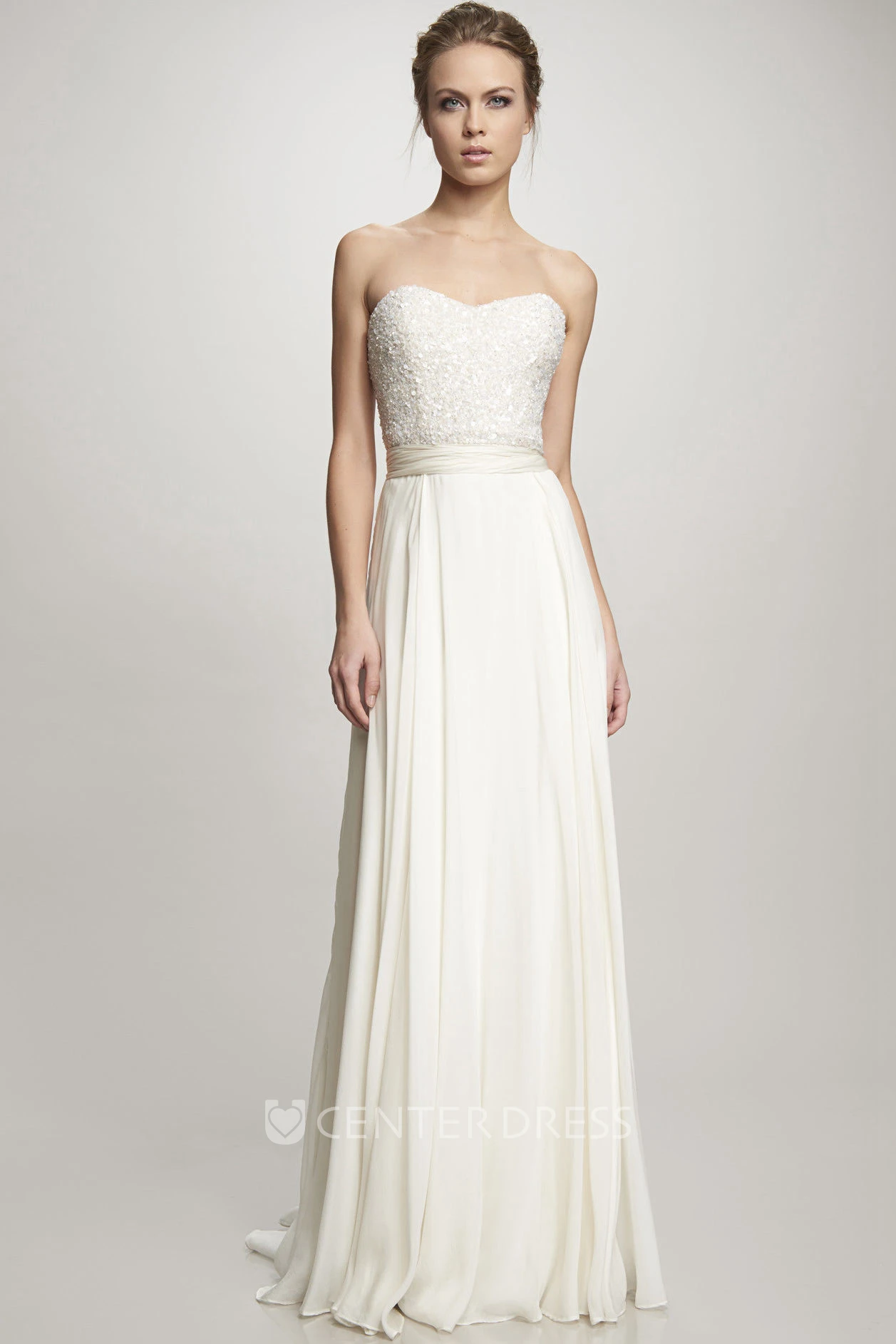 Sweetheart Floor-Length Beaded Bowed Chiffon Wedding Dress With Brush Train