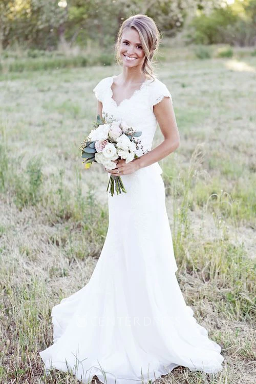 Cap Sleeve V neck Sheath Chiffon Country Wedding Dress With Lace