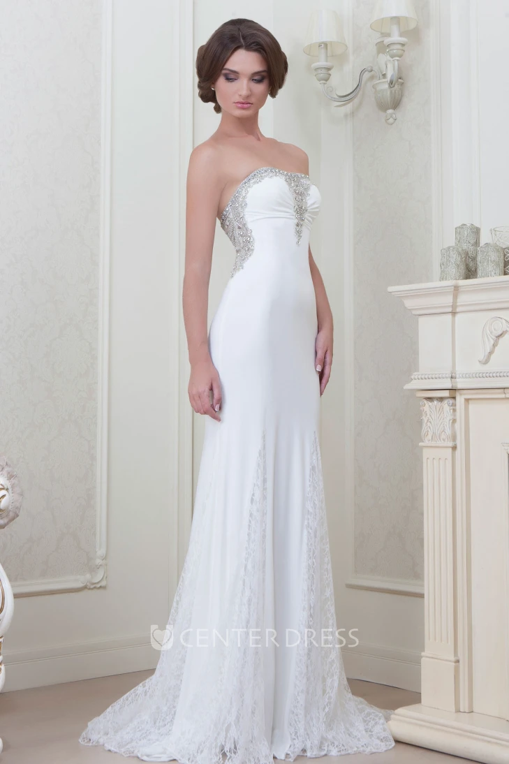 A-Line Beaded Strapless Sleeveless Floor-Length Lace Evening Dress With Appliques