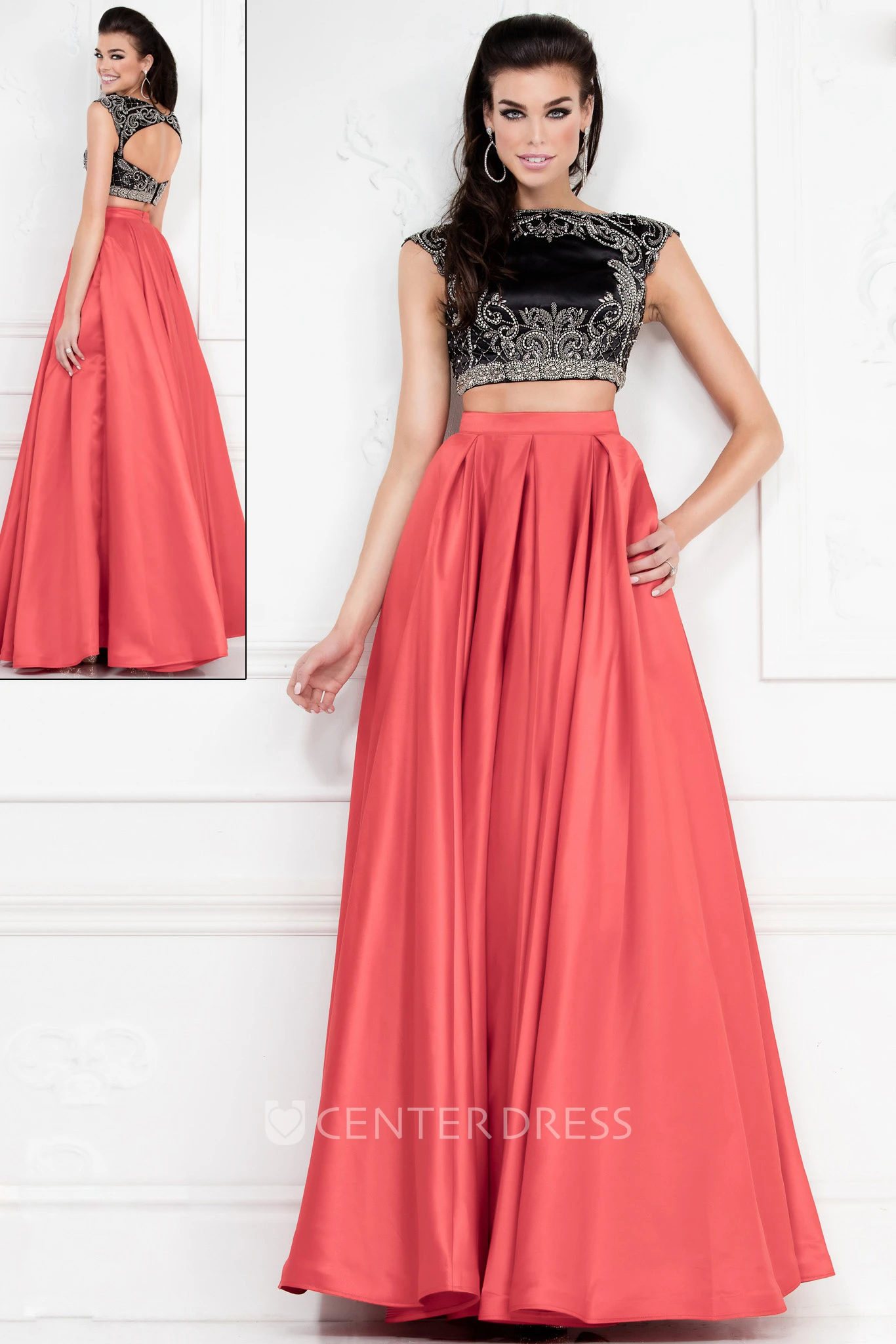 Two-Piece A-Line Floor-Length Jewel-Neck Sleeveless Satin Keyhole Dress With Beading
