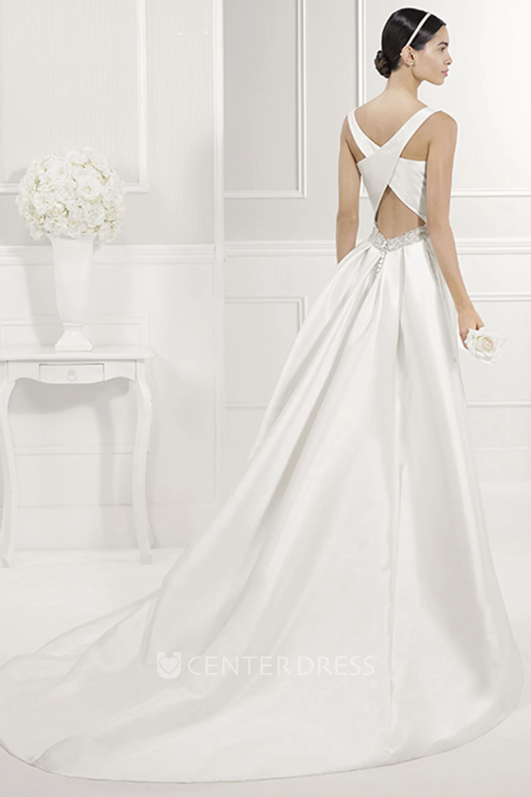 Bateau Neck Sheath Taffeta Bridal Gown With Criss-Cross Back Straps