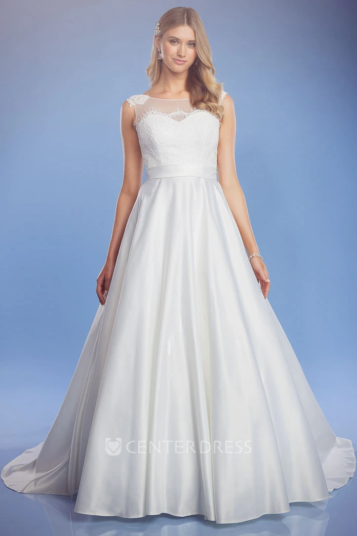 A-Line Bateau Sleeveless Long Satin Wedding Dress With Court Train And Corset Back