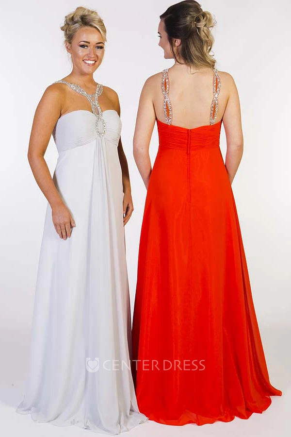A-Line Beaded Empire Floor-Length Sleeveless Sweetheart Chiffon Prom Dress With Zipper Back And Ruching