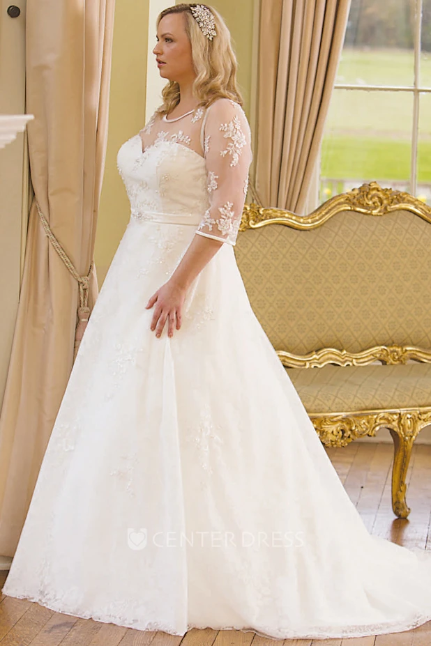V-Neck Illusion Long Sleeve A-Line Satin Appliqued Plus Size Wedding Dress  - UCenter Dress