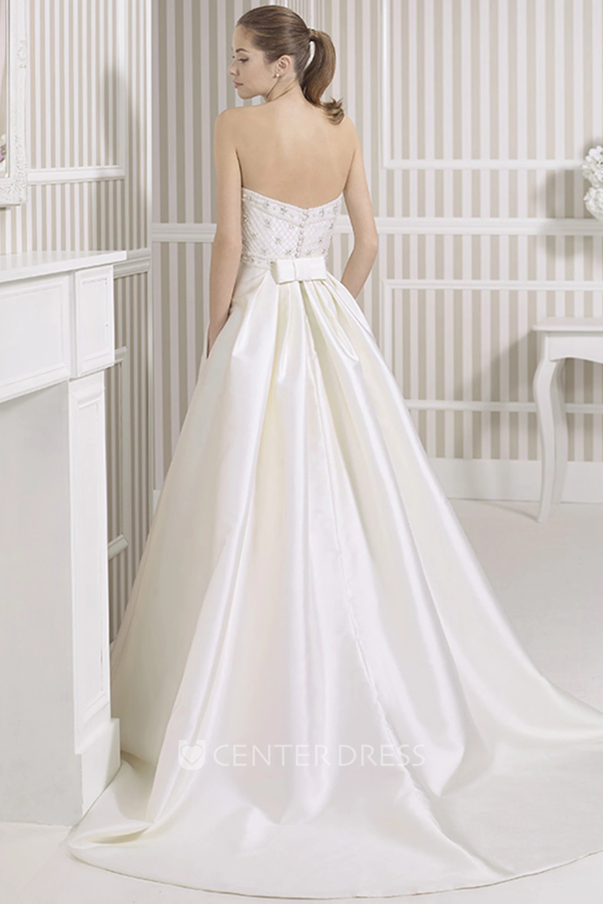 A-Line Jeweled Sweetheart Satin Wedding Dress With Criss Cross And Flower