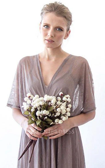 V-neck Lace Short Sleeve Dress With Lining