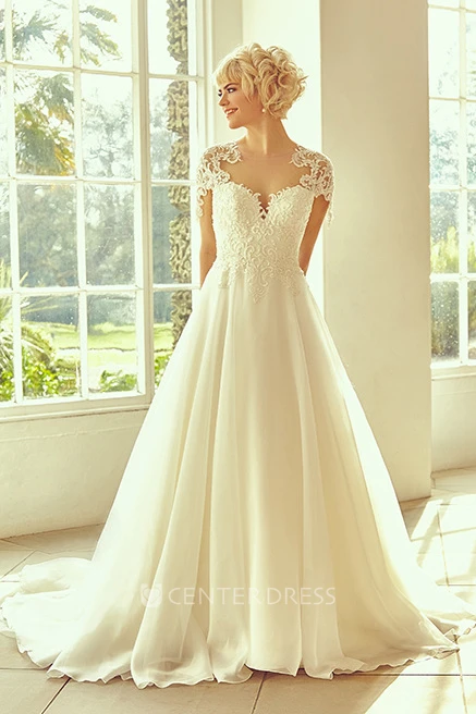 Long Notched Appliqued Cap-Sleeve Lace&Chiffon Wedding Dress