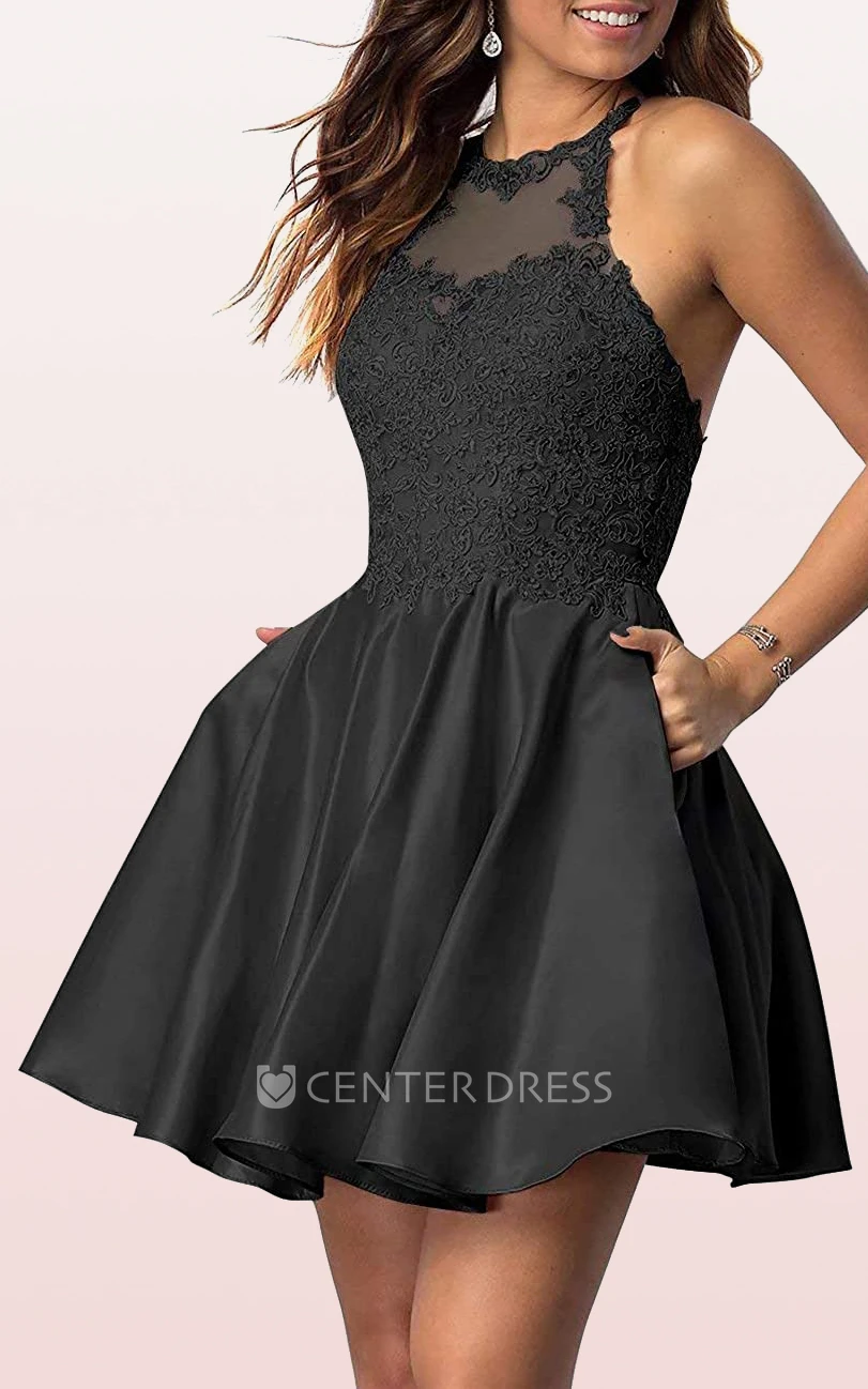 Sexy A Line Satin Lace Jewel Sleeveless Homecoming Dress with Appliques