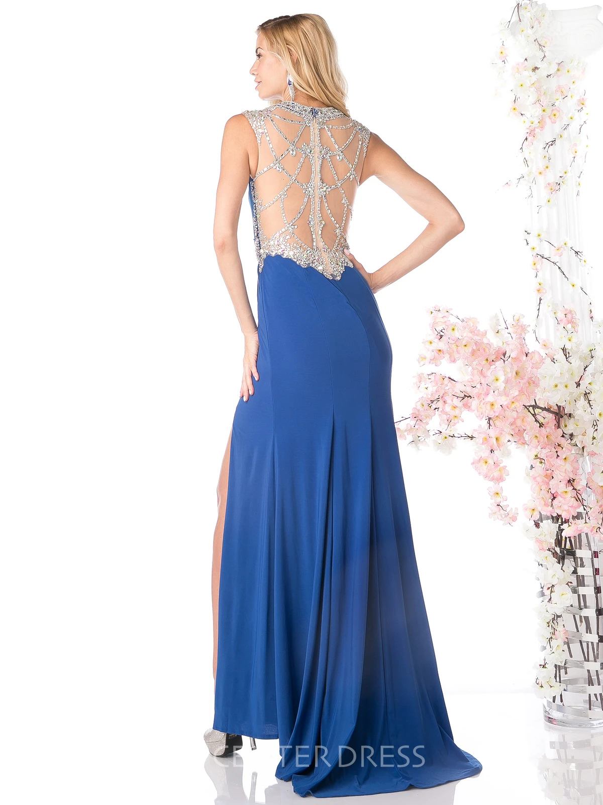 Sheath Long Jewel-Neck Jersey Illusion Dress With Beading And Split Front