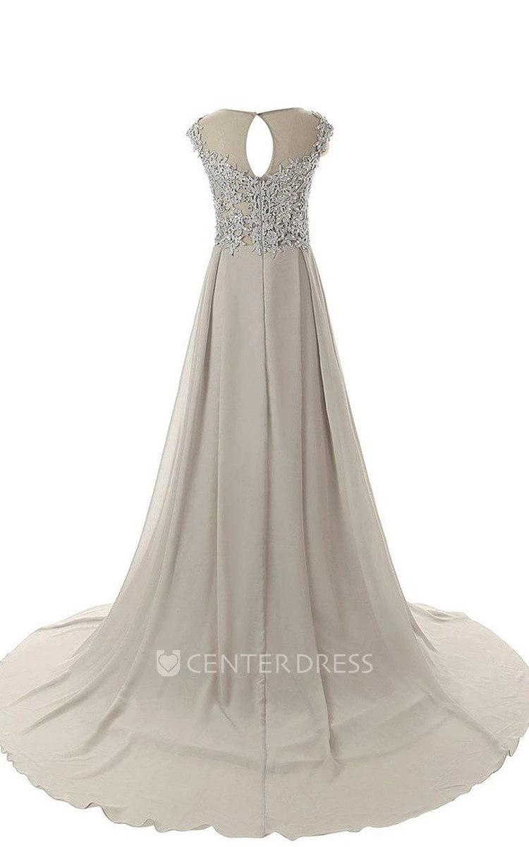 Dramatic Floor Length Chiffon Dress With Beaded Lace Appliques