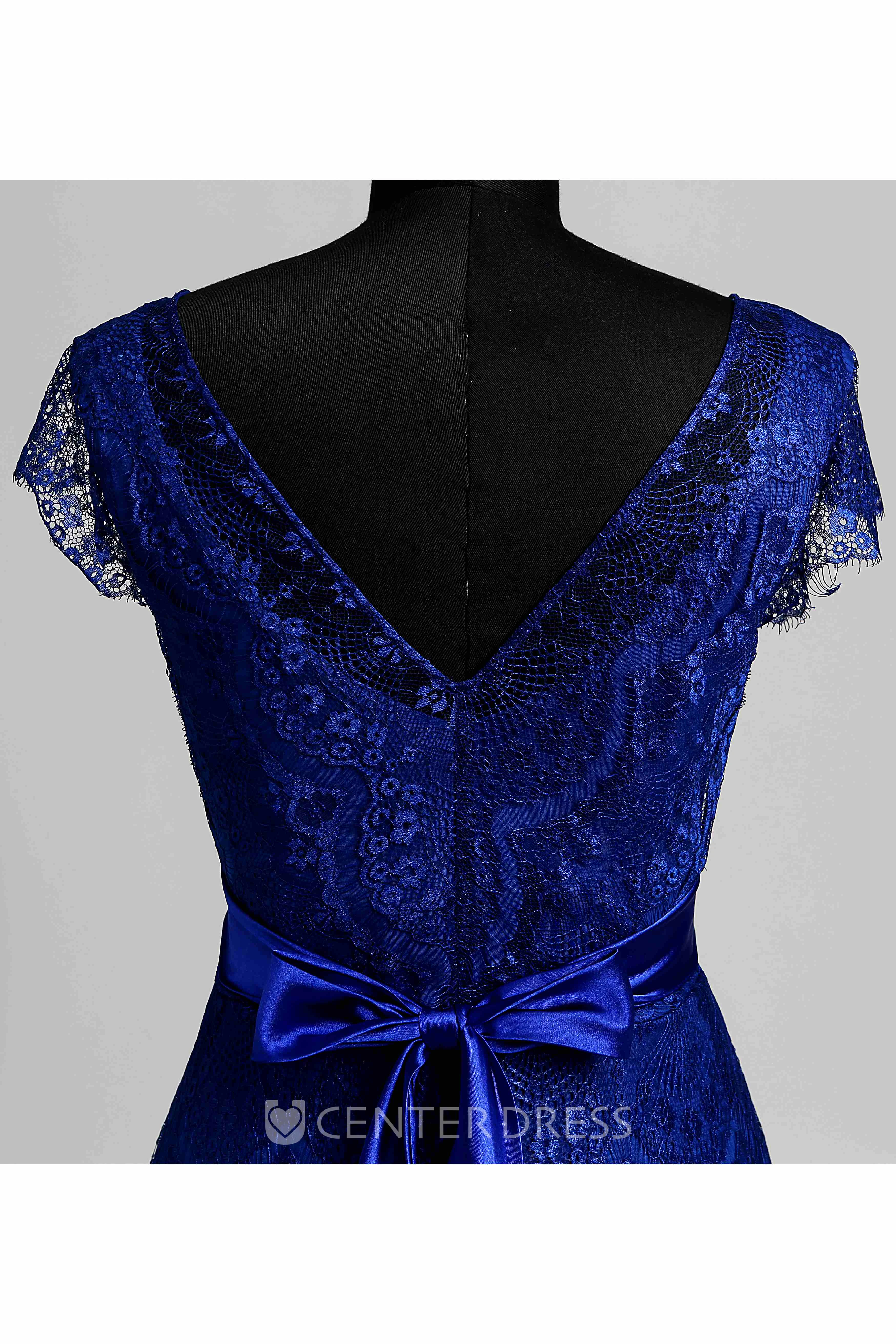 Lace A-line V-neck Cap Short Sleeve Maternity Dress with Sash/Ribbon