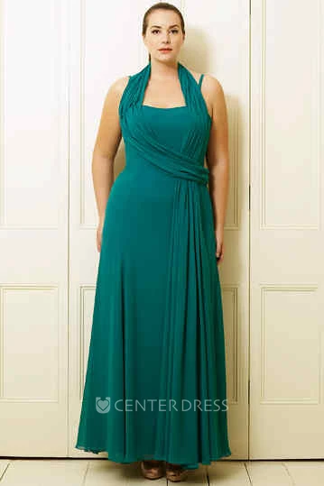 A-Line Pleated Sleeveless Ankle-Length Haltered Chiffon Plus Size Prom Dress